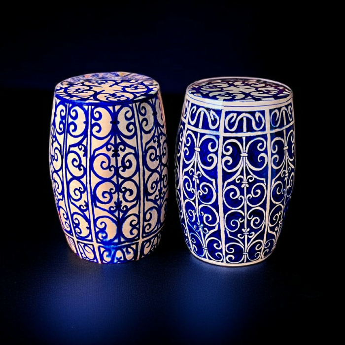 Blue & White Scrollwork Barrel Jars – 2 Pcs - Image 1